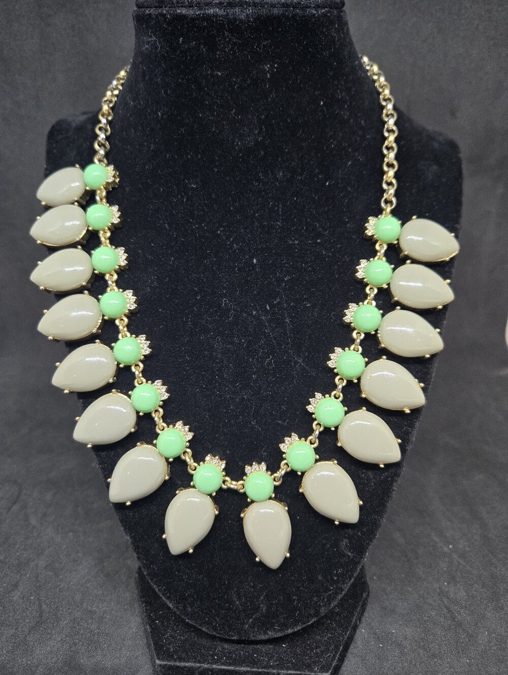J Crew Silvertone Bib Necklace Gray Mint Rhinestone Accents